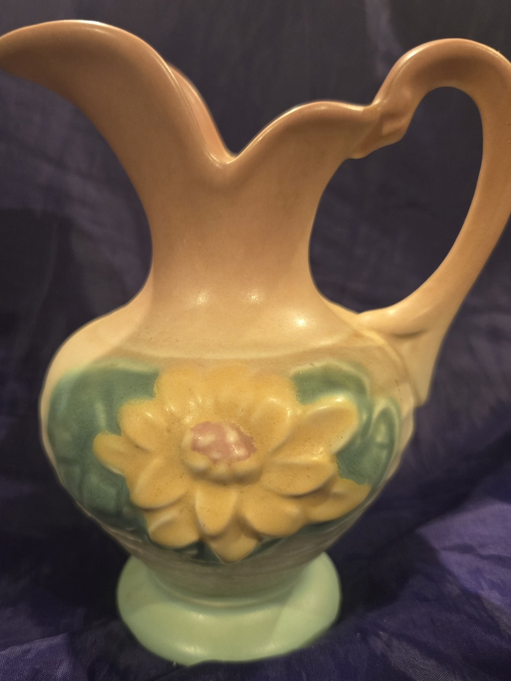 Vintage Yellow Floral Ceramic Pitcher Vase with Green Accents